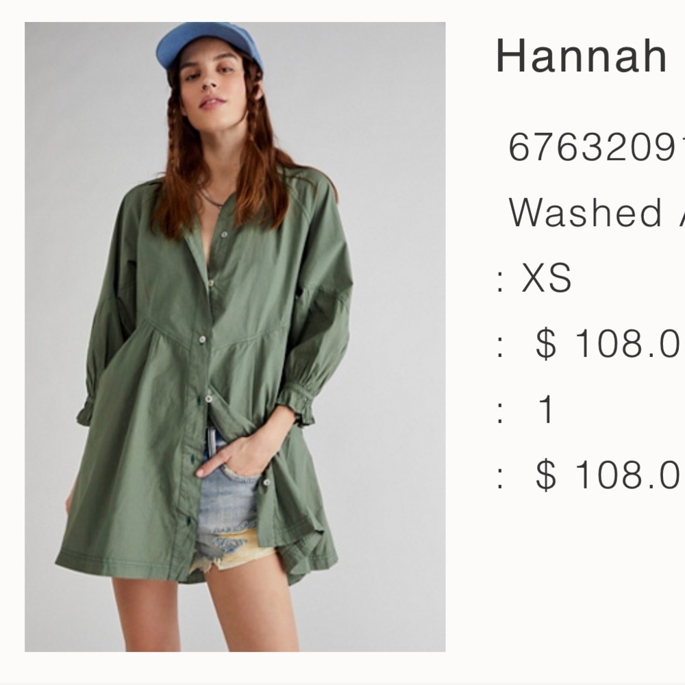 COPY - Free People Hannah Poplin Mini, Washed Army, size XS